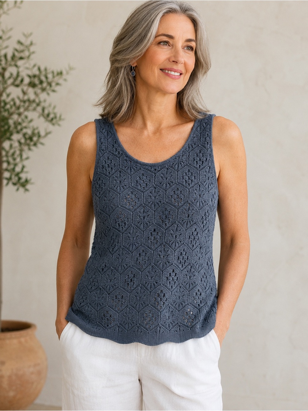 J.Jill Blue Openwork Crochet Knit Sleeveless Sweater Tank Top M